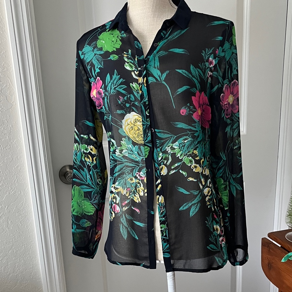 Zara Black Floral Button Down Collared Chiffon Shirt